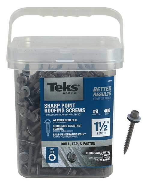 Teks 21406 Roofing Screw, #9 Thread, Coarse Thread, Hex Drive, Self-Tapping, Sharp Point, Steel, Zinc [SKU: ORG0455683]