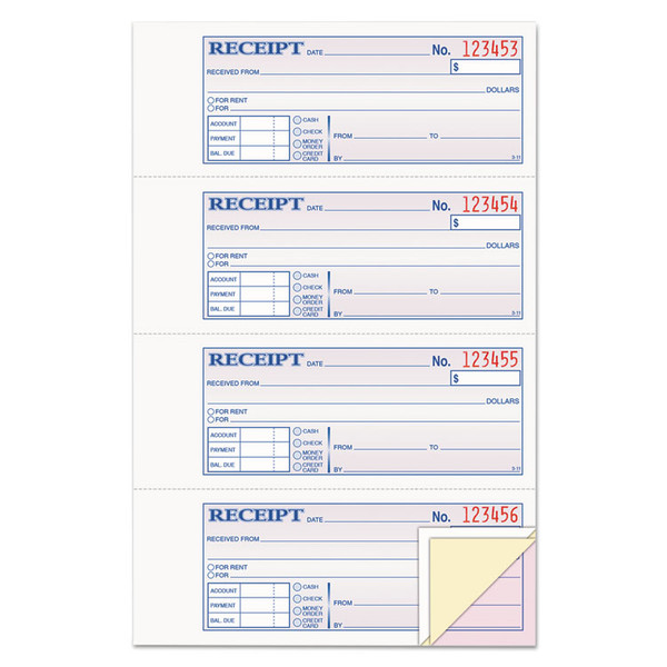 Receipt Book, Three-Part Carbonless, 7.19 x 2.75, 4 Forms/Sheet, 100 Forms Total [SKU: ABFTC1182]