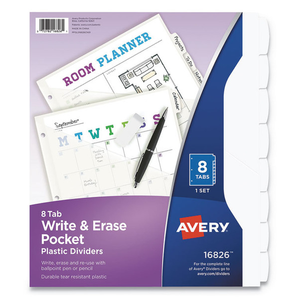 Write and Erase Durable Plastic Dividers with Straight Pocket, 8-Tab, 11.13 x 9.25, White, 1 Set [SKU: AVE16826]