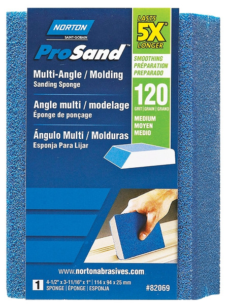 NORTON ProSand 82069 Sanding Sponge, 4-1/2 in L, 3-11/16 in W, 120 Grit, Medium, Aluminum Oxide Abrasive [SKU: ORG3310018]