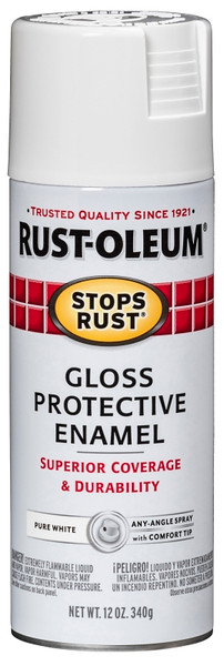 RUST-OLEUM STOPS RUST 250702 Enamel Spray Paint, Gloss, Pure White, 12 oz, Aerosol Can [SKU: ORG4848131]