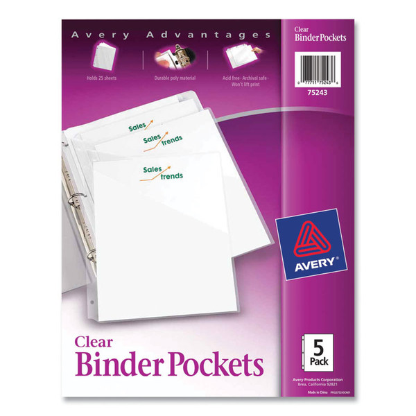 Binder Pockets, 3-Hole Punched, 9.25 x 11, Clear, 5/Pack [SKU: AVE75243]