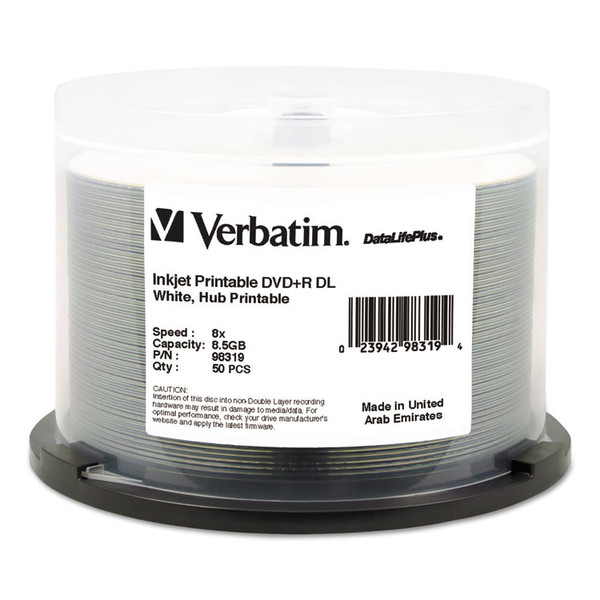 DVD+R Dual Layer Printable Recordable Disc, 8.5 GB, 8x, Spindle, White, 50/Pack [SKU: VER98319]
