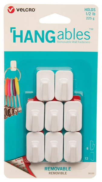 VELCRO Brand HANGables VEL-30103-USA Removable Wall Hook, 0.5 lb, 8-Hook, White [SKU: ORG3463312]