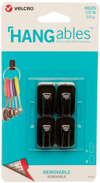 VELCRO Brand HANGables VEL-30105-USA Removable Wall Hook, 0.5 lb, 4-Hook, Black [SKU: ORG3463320]