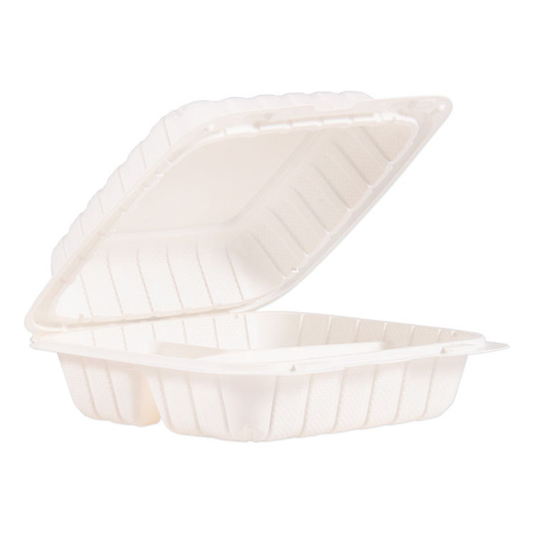ProPlanet Hinged Lid Containers, 3-Compartment, 8.3 x 8 x 3, White, Plastic, 150/Carton [SKU: DCC85MFPPHT3]