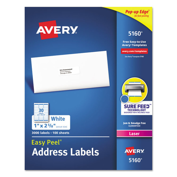 Easy Peel White Address Labels w/ Sure Feed Technology, Laser Printers, 1 x 2.63, White, 30/Sheet, 100 Sheets/Box [SKU: AVE5160]