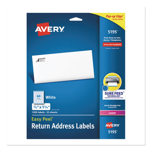 Easy Peel White Address Labels w/ Sure Feed Technology, Laser Printers, 0.66 x 1.75, White, 60/Sheet, 25 Sheets/Pack [SKU: AVE5195]