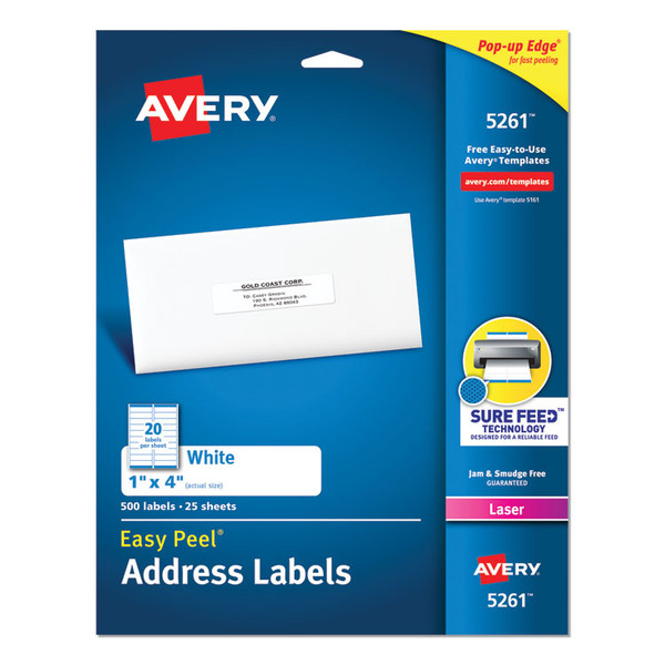 Easy Peel White Address Labels w/ Sure Feed Technology, Laser Printers, 1 x 4, White, 20/Sheet, 25 Sheets/Pack [SKU: AVE5261]