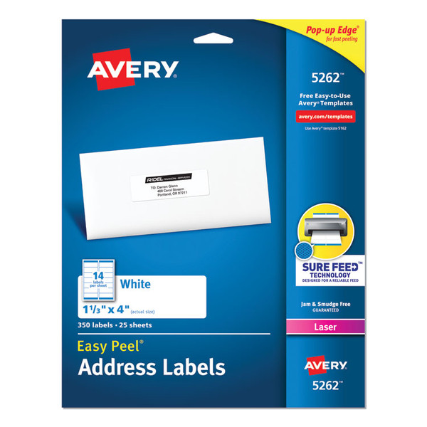 Easy Peel White Address Labels w/ Sure Feed Technology, Laser Printers, 1.33 x 4, White, 14/Sheet, 25 Sheets/Pack [SKU: AVE5262]