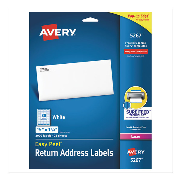 Easy Peel White Address Labels w/ Sure Feed Technology, Laser Printers, 0.5 x 1.75, White, 80/Sheet, 25 Sheets/Pack [SKU: AVE5267]