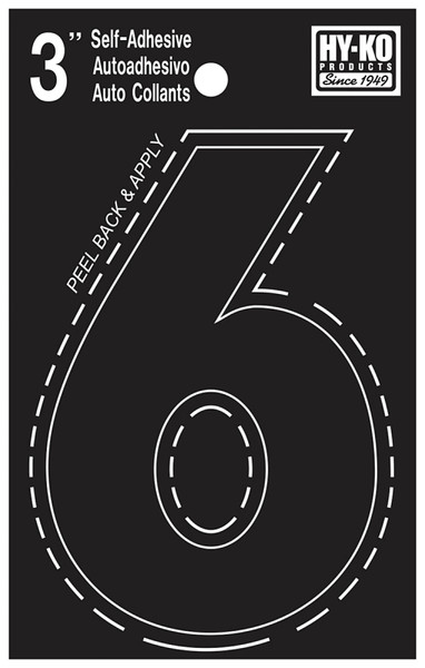 HY-KO 30400 Series 30406 Die-Cut Number, Character: 6, 3 in H Character, Black Character, Vinyl [SKU: ORG1581636]