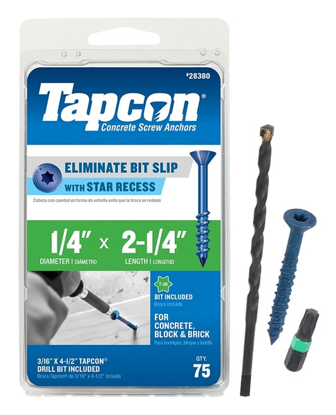 Buildex Tapcon 28380 Concrete Screw Anchor, 1/4 in Dia, 2-1/4 in L, Steel, Climaseal [SKU: ORG7257967]