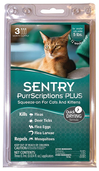 SENTRY PurrScriptions Plus 01980 Flea and Tick Squeeze-On, Liquid, Mild Acetate, 3 Count [SKU: ORG8574451]
