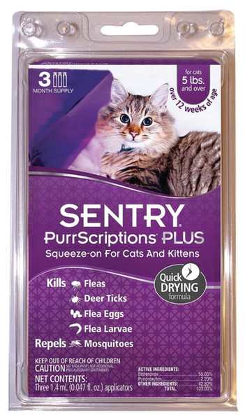 SENTRY PurrScriptions Plus 01981 Flea and Tick Squeeze-On, Liquid, Mild Acetate, 3 Count [SKU: ORG1810779]