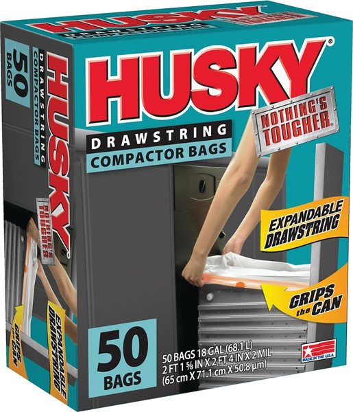 Husky HK18XDS050W Trash Compactor Bag with Drawstring, 18 gal Capacity, White, 2 ft 1-5/8 in L, 2 ft 4 in W [SKU: ORG8510497]