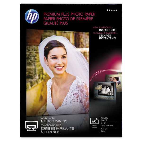 Premium Plus Photo Paper, 11.5 mil, 5 x 7, Glossy White, 60/Pack [SKU: HEWCR669A]
