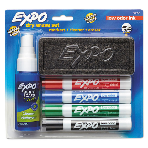 Low-Odor Dry Erase Marker Starter Set, Broad Chisel Tip, Assorted Colors, 4/Set [SKU: SAN80653]