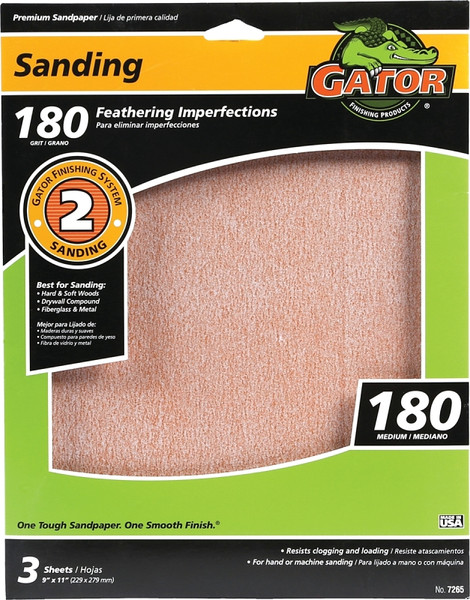 Gator 7265 Sanding Sheet, 11 in L, 9 in W, Extra Fine, 180 Grit, Aluminum Oxide Abrasive, Paper Backing [SKU: ORG6231898]