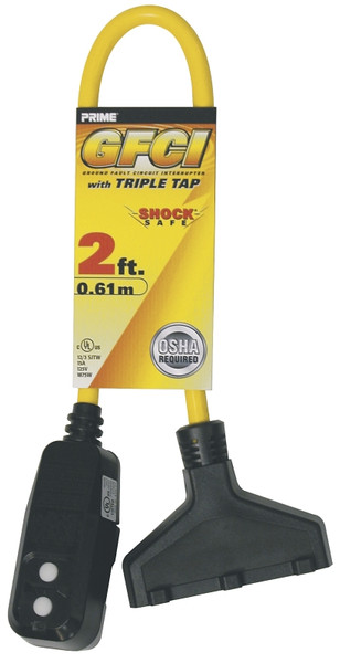 Prime GF420802 Triple Tap Adapter, 2 ft Cable, Female, Male, 15 A, 125 V, Yellow [SKU: ORG5124060]