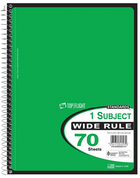 TOP FLIGHT WB70PF 4510816 Wide Rule Notebook, Micro-Perforated Sheet, 70-Sheet, Wirebound Binding [SKU: ORG0240366]