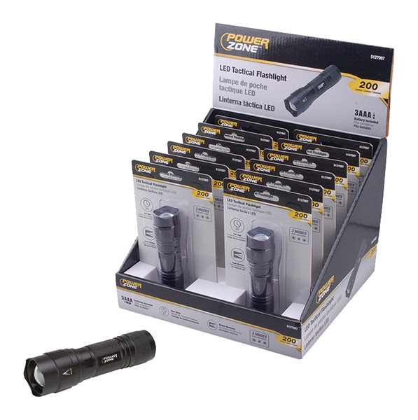 PowerZone F12002 Tactical Flashlight, AAA Battery, AAA Battery, LED Lamp, 200 Lumens, 100 m Beam Distance, Black [SKU: ORG5127097]
