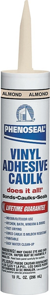 DAP PHENOSEAL 02102 Vinyl Adhesive Caulk, Almond, 48 hr Curing, -20 to 180 deg F, 10 oz Cartridge [SKU: ORG6041438]