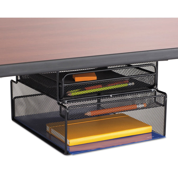 Onyx Hanging Organizer with Drawer, Under Desk Mount, 3 Compartments, Steel Mesh, 12.33 x 10 x 7.25, Black [SKU: SAF3244BL]