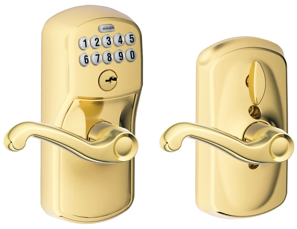 Schlage FE Series FE595 PLY 505 FLA Keypad Lock with Flex-Lock, Different Key, Bright Brass, Flair Lever Interior Handle [SKU: ORG2887222]