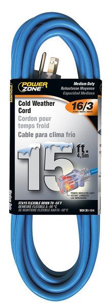 PowerZone Extension Cord, 16 AWG Cable, 5-15P Grounded Plug, 5-15R Grounded Receptacle, 15 ft L, 13 A, 125 V [SKU: ORG3611514]