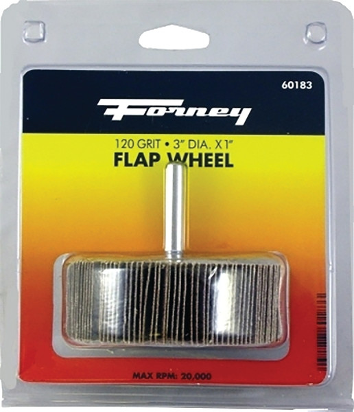 Forney 60183 Flap Wheel, 3 in Dia, 1 in Thick, 1/4 in Arbor, 120 Grit, Aluminum Oxide Abrasive [SKU: ORG8910580]