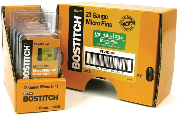 Bostitch PT-2312-3M Pin Nail, 0.64 in Dia, 1/2 in L, 23 ga Thick, Steel, Bright [SKU: ORG3545027]