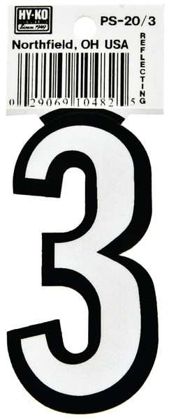 HY-KO PS-20/3 Reflective Sign, Character: 3, 3-1/4 in H Character, Black/White Character, Vinyl [SKU: ORG6249494]