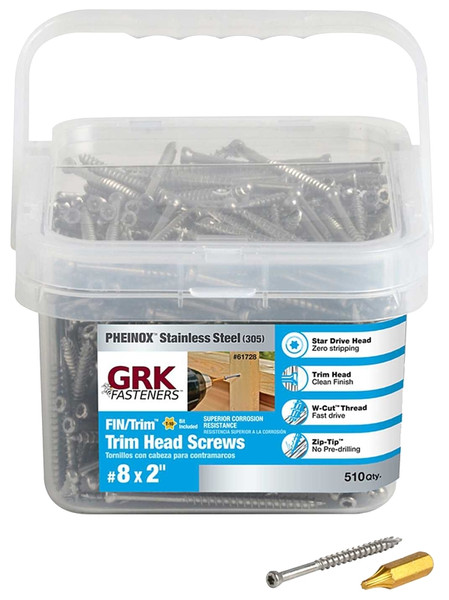 GRK Fasteners 61728 Finishing Screw, #8 Thread, 2 in L, W-Cut Thread, Trim Head, Star Drive, 305 Stainless Steel, 510 PK [SKU: ORG4899605]