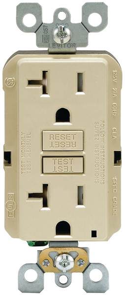 Leviton R91-GFTR2-0KI GFCI Duplex Receptacle, 2 -Pole, 20 A, 125 V, Back, Side Wiring, NEMA: 5-20R, Ivory [SKU: ORG4811493]