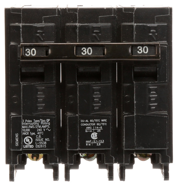 Siemens Q330 Circuit Breaker, Low Voltage, Mini, Standard, 30 A, 3 -Pole, 240 VAC, Common Trip, Plug Mounting [SKU: ORG7413750]