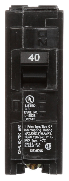 Siemens Q140 Circuit Breaker, Full Module, Mini, Standard, 40 A, 1 -Pole, 120 VAC, Plug Mounting [SKU: ORG7413883]