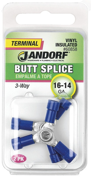 Jandorf 60858 Butt Splice Connector, 16 to 14 AWG Wire, Vinyl Insulation, Copper Contact, Blue [SKU: ORG3400553]