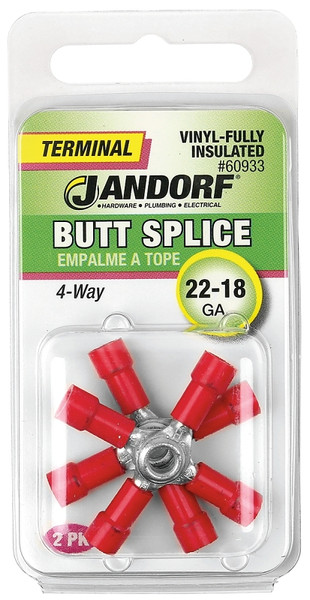 Jandorf 60933 Butt Splice Connector, 22 to 18 AWG Wire, Vinyl Insulation, Copper Contact, Red [SKU: ORG3401411]