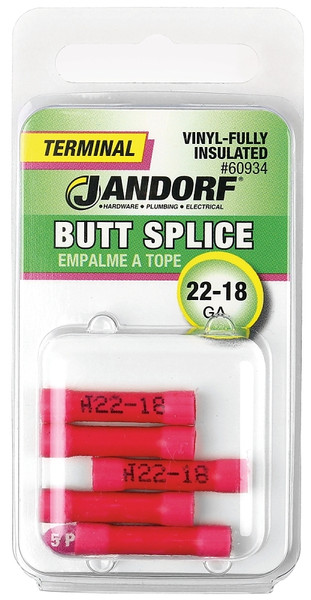 Jandorf 60934 Butt Splice Connector, 22 to 18 AWG Wire, Vinyl Insulation, Copper Contact, Red [SKU: ORG3401429]