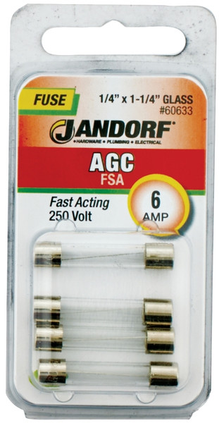 Jandorf 60633 Fast Acting Fuse, 6 A, 250 V, 200 A, 10 kA Interrupt, Glass Body [SKU: ORG3397890]
