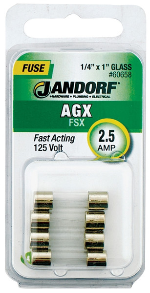 Jandorf 60658 Fast Acting Fuse, 2.5 A, 125 V, 100 A, 10 kA Interrupt, Glass Body [SKU: ORG3398195]