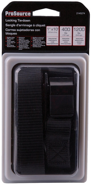 ProSource RT45481 Tie-Down, 1 in W, 10 ft L, Polyester Webbing, Metal Buckle, Black, 400 lb, S-Hook End Fitting [SKU: ORG2145274]