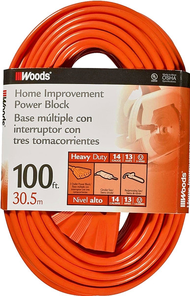 Woods 0827 Extension Cord, 14 AWG Cable, 100 ft L, 13 A, 125 V, Orange [SKU: ORG8026528]