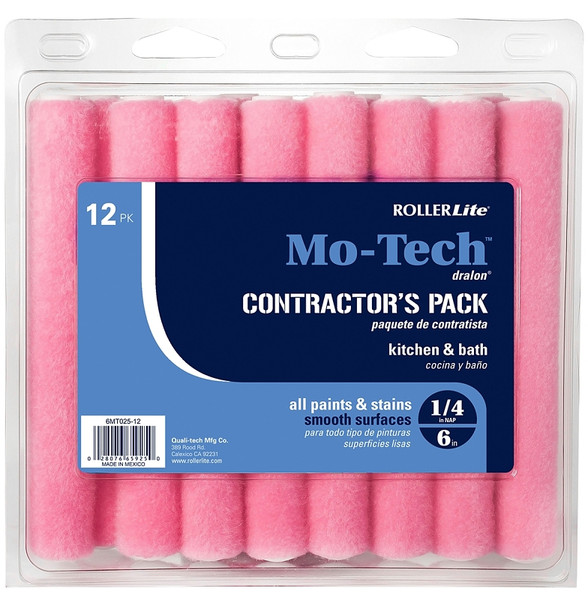 RollerLite Mo-Tech 6MT025-12 Mini Roller Cover, 1/4 in Thick Nap, 6 in L, Dralon Fabric Cover, Pink [SKU: ORG4340766]
