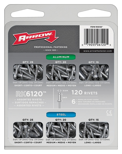 Arrow RK6120 Rivet Assortment Pack, Aluminum/Steel [SKU: ORG6736656]
