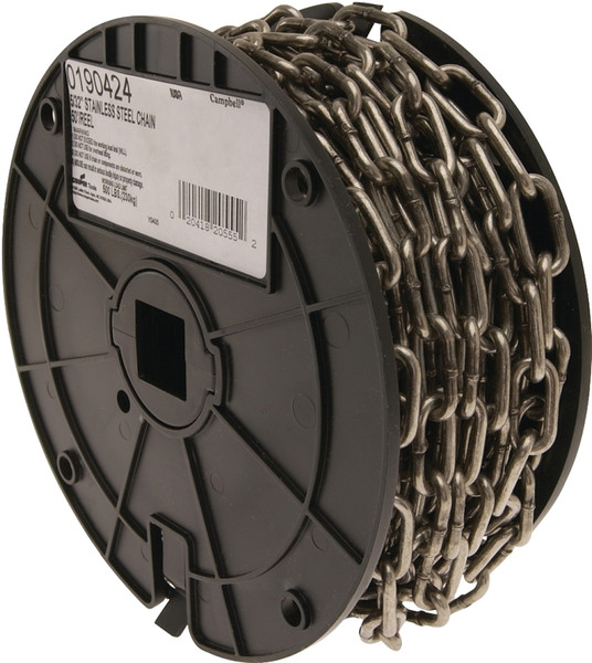 Campbell 0190424 Chain, 5/32 in, 50 ft L, 500 lb Working Load, 316L Stainless Steel, Bright [SKU: ORG7128176]