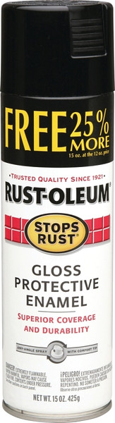 RUST-OLEUM STOPS RUST 254146 Protective Enamel Spray Paint, Gloss, Black, 15 oz, Aerosol Can [SKU: ORG6178586]