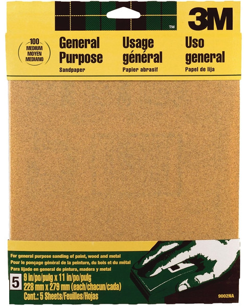 3M 9002 Sandpaper Sheet, 11 in L, 9 in W, Medium, 100 Grit, Aluminum Oxide Abrasive, Paper Backing [SKU: ORG5386750]