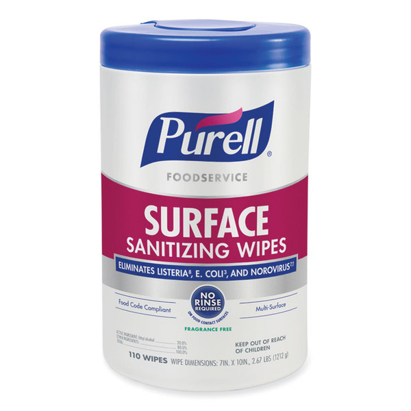 Foodservice Surface Sanitizing Wipes, 10 x 7, Fragrance-Free, 110/Canister, 6 Canisters/Carton [SKU: GOJ934106CT]